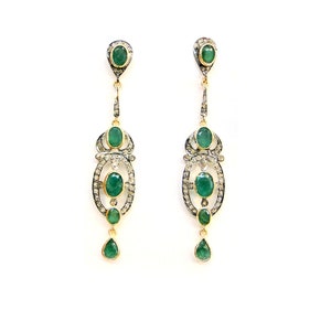 Natural Green Emerald And Pave Diamond Earrings Green Stone Earrings 925 Sterling Silver Dangle And Drop Earrings Anniversary birthday gift