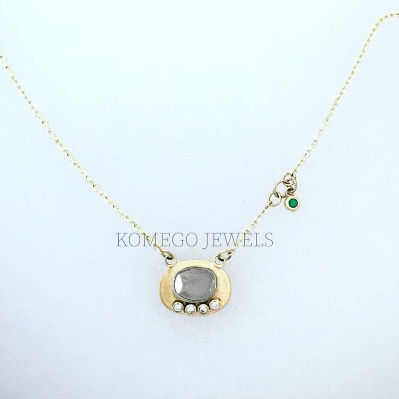Collier En Or Jaune 14K Avec Diamant Naturel - Chaîne Jaseron 45.7 Cm, Pendentif Tranche Polki, Neuf Sans Emballage