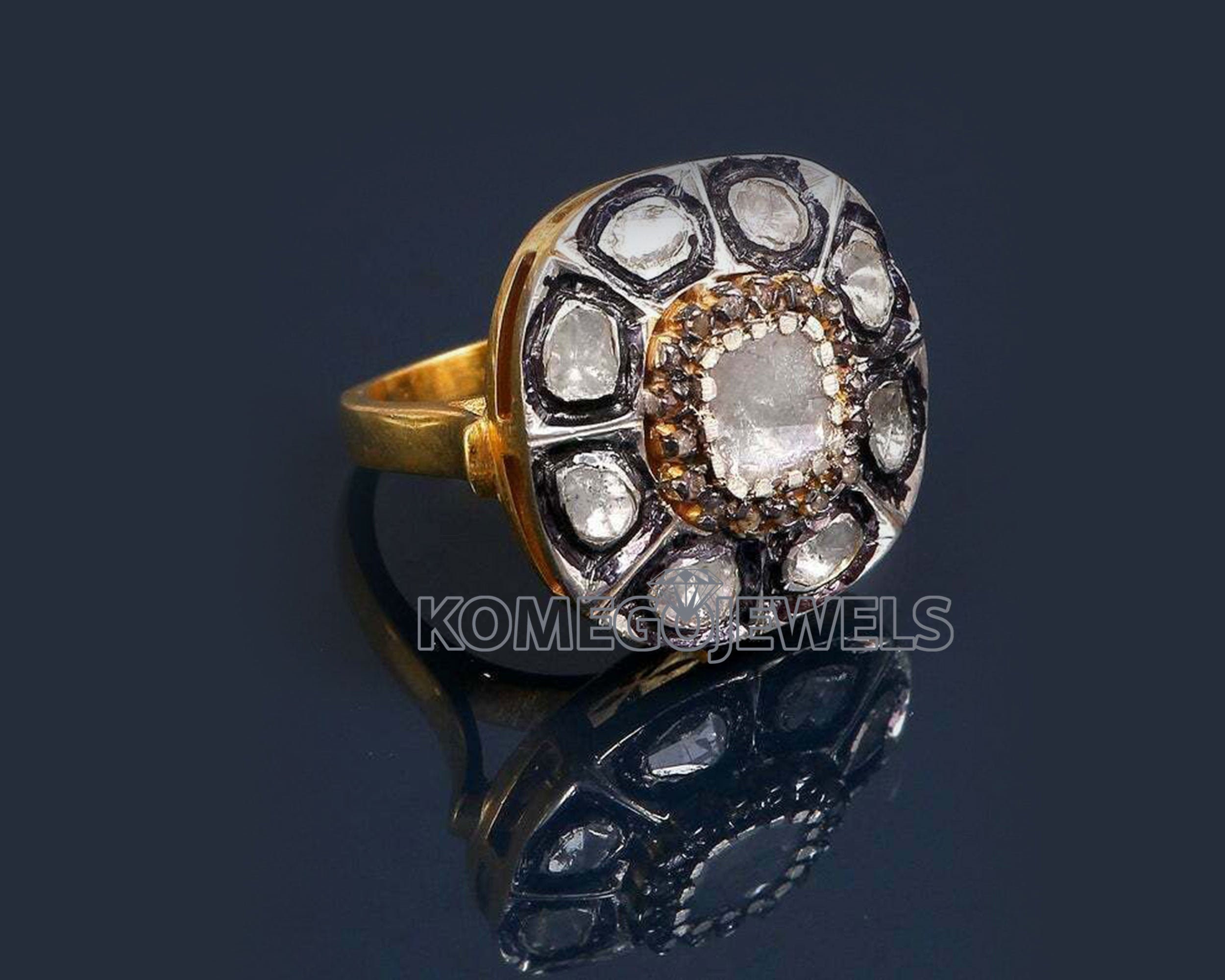 Real Rose Cut Polki & Pave Diamond Ring 925 Sterling Silver Victorian Jewelry 