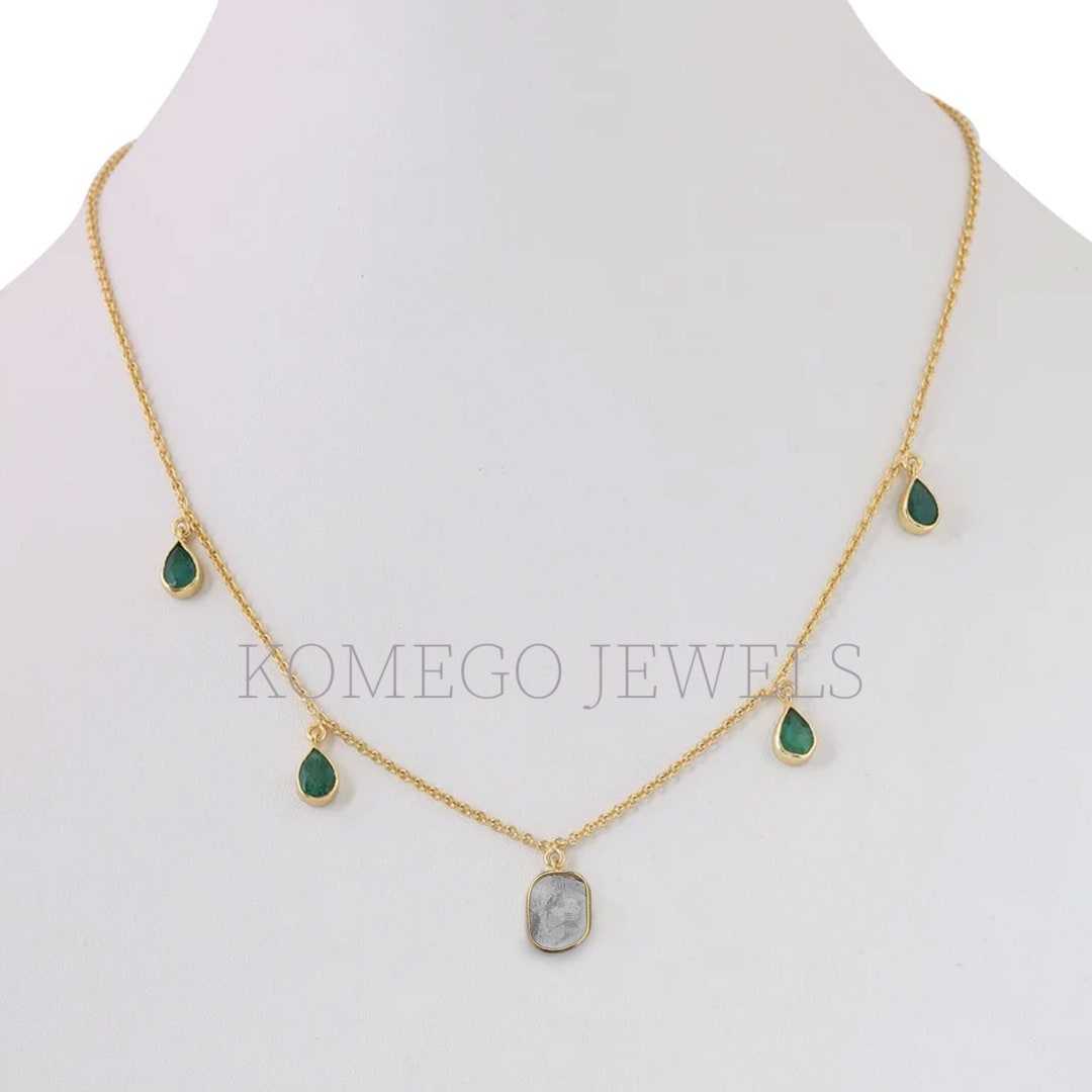 Collier En Argent 925 Avec émeraude Naturelle Et Diamants Polki - Fait Main - Inde