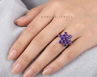 Amethyst-Cluster-Ring | Handgefertigter Blumenring aus 925er Sterlingsilber | Statement-Ring mit natürlichem violettem Edelstein | Geschenk für Sie