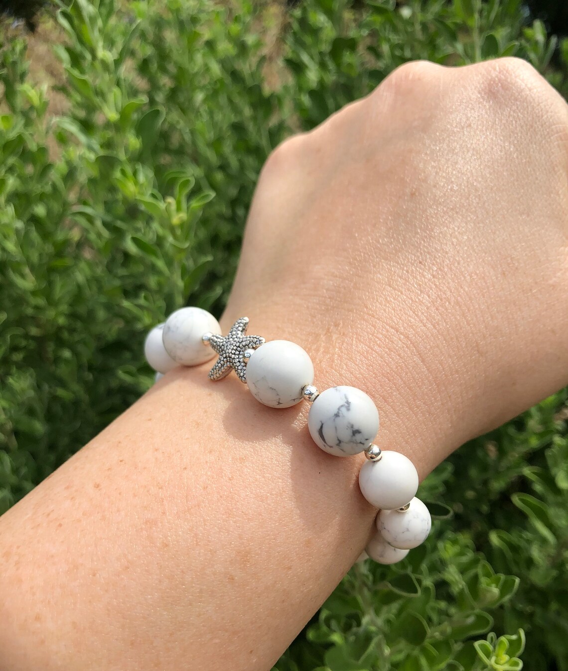 White marble glass bead bracelet with starfish charm Etsy