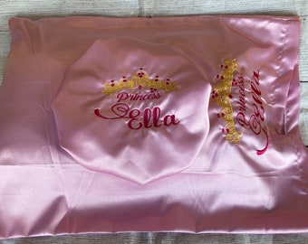 Custom Embroidered Satin pillowcase/Bonnet personalized with name/Princess bonnet/Standard Queen/King/kids/adult/favor/valentine gift/custom