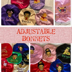 Adjustable Personalized/Custom hair Bonnets/Satin lined Kids/sleep cap/Embroidered/Baby/Toddler/Teen/Adult/Mother’s daygift/silk/drawstrings