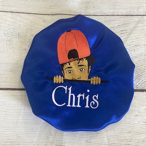 TODDLER BOY satin lined bonnet/Infant/newborn Bonnet/Satin lined/sleep cap/Personalized baby gift for boy/silk/Embroidered/Black boy hat