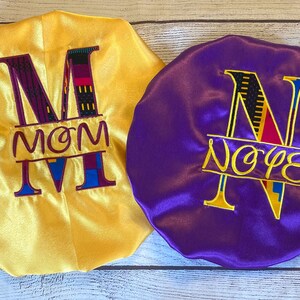 Custom Baby/Infant/Toddler/Adult Bonnet/Satin lined/personalized with initial and name/Embroidered/Ankara appliqué/Mother’s Day gift/silk