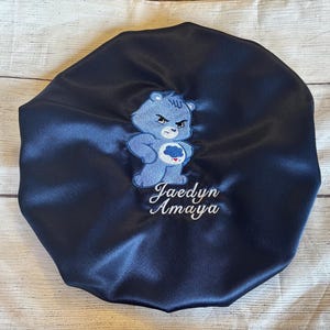 Custom Grumpy Bear/Infant/baby/Toddler/kids/adult hair Bonnet/Satin lined sleep cap/Embroidered/personalized gift/Mother’s Day
