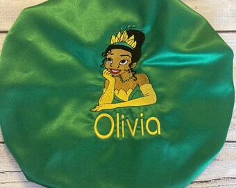 Princess Tiana hair satin bonnet/Princess and the Frog/Baby/Toddler/Adult/Satin lined /Personalized/Mother’s Day gift/Embroidered/custom