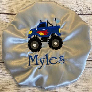 TODDLER BOY monster truck satin lined bonnet/Infant/sleep cap/Personalized baby bonnet gift/Embroidered/hair bonnet/teen/Adult Christmas gif