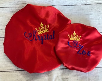 Custom Name/crown/Baby/Infant/Toddler/Adult Bonnet/Satin lined/personalized gift with name/Embroidered/mommy and me/protective sleep cap