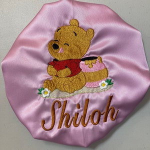 Custom Pooh Bear/Infant/baby/Toddler/kids/adult hair Bonnet/Satin lined sleep cap/Embroidered/personalized valentines gift/custom bonnet