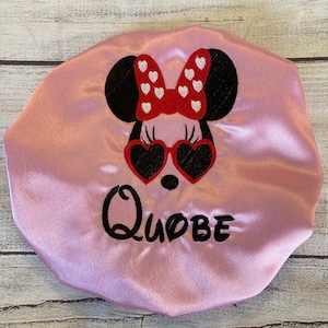 Personalized Minnie Mouse/Heart Satin Kids custom sleep cap/hair bonnet/baby/infant/toddler/Adult Embroidered bonnet/valentines Gift