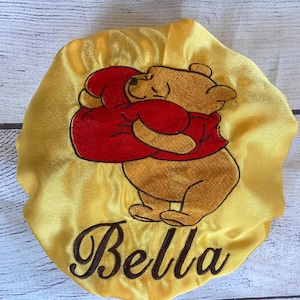 Custom Pooh Baby/Infant/Toddler/Adult Bonnet/Satin lined/custom sleep cap/hair protection/Embroidered/Heart/Valentine’s Day Gift for her