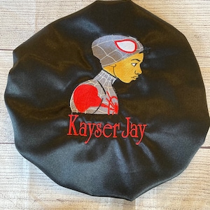 BOY BONNET satin lined/Spider-Man/superhero Infant/Toddler/Teen Bonnet/Baby sleep cap/Personalized gift/Embroidered/black boy/miles morales
