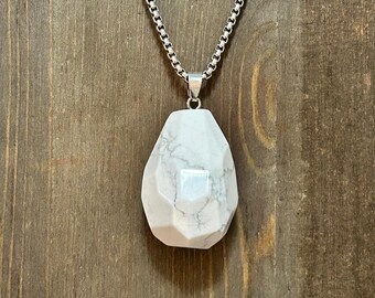 Howlite Necklace Large Faceted Howlite Teardrop Pendant Stainless Steel Necklace Crystal Jewelry Gift