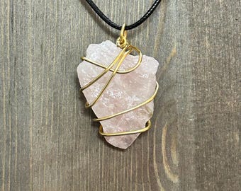 Raw Rose Quartz Necklace BRASS Wire Wrapped Rose Quartz Pendant Handmade Gemstone Necklace Heart Chakra Jewelry Gift