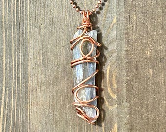 Blue Kyanite Necklace XL Wire Wrapped Blue Kyanite With Quartz Pendant Handmade Gemstone Jewelry Spiritual Gift