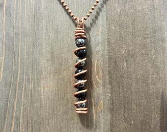 Hematite and Black Onyx Necklace Wire Wrapped Beaded Hematite Pendant Handmade Men’s Protection Jewelry Gift