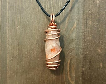 Sunstone Necklace Wire Wrapped Sunstone Barrel Pendant Handmade Crystal Jewelry Boho Necklace Solar Plexus Jewelry
