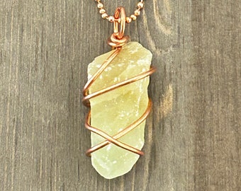 Green Calcite Necklace | Raw Copper Wire Wrapped Green Calcite Pendant | Men’s Gemstone Necklace