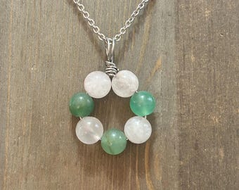 Rose Quartz and Green Aventurine Necklace Wire Wrapped Beaded Pendant   Stainless Steel Jewelry