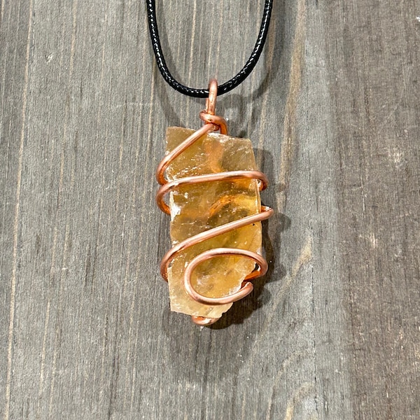 Honey Calcite Necklace | Copper Wire Wrapped Honey Calcite Pendant | Handmade Gemstone Jewelry