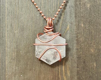 Quartz Crystal Necklace Wire Wrapped Hexagon Crystal Pendant Handmade Energy Amplifier Jewelry Gift