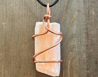Peach Selenite Necklace Wire Wrapped Orange Selenite Pendant Handmade Crystal Jewelry  Gift