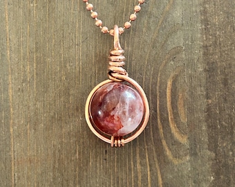 Fire Quartz Necklace Wire Wrapped Hematoid Quartz  Sphere Pendant Handmade Crystal Jewelry Gemstone Gift