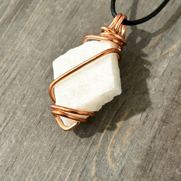 Raw Moonstone Necklace, Wire Wrapped Natural Stone Pendant. Handmade Crystal Jewelry