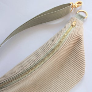 Corduroy bum bag, beige, individual metal parts, 2 carabiners, inner pocket, belt bag, crossbody, cotton