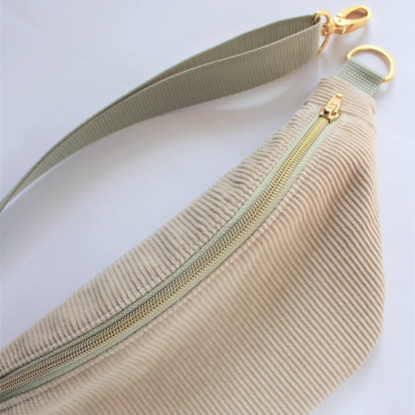 Bauchtasche Cord, Beige, Individuelle Metallteile, 2 Karabiner, Innentasche, Gürteltasche, Crossbody, Baumwolle