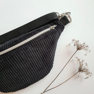 Corduroy bum bag, black, individual metal parts, 2 carabiners, inner pocket, belt bag, crossbody, cotton