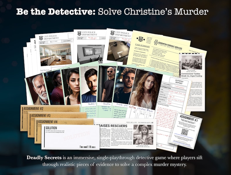 Detective game night with a twist: solve evidence of murder in this cold case unsolved mystery game, a great gift for girlfriend or any true crime fan. Challenge your detective skills with this unsolved true crime puzzle game for adults.