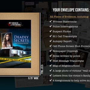 Be a Detective, Solve Christine’s Murder. Deadly Secrets game by Evidence of Murder, It’s a Murder Mystery Game or a Date Night Game, Murder Game. Feels like an unsolved case files or escape room game, unique date night idea, or Christmas gift.