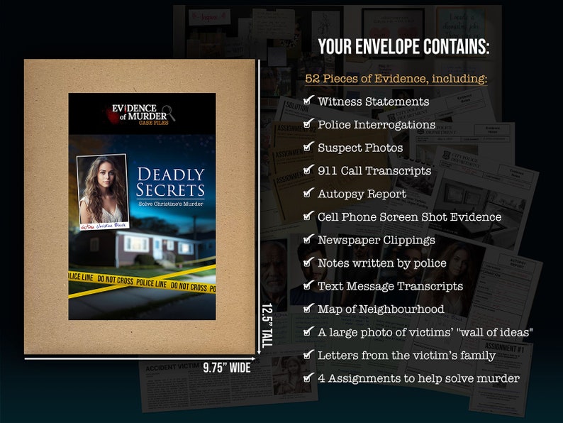 Be a Detective, Solve Christine’s Murder. Deadly Secrets game by Evidence of Murder, It’s a Murder Mystery Game or a Date Night Game, Murder Game. Feels like an unsolved case files or escape room game, unique date night idea, or Christmas gift.