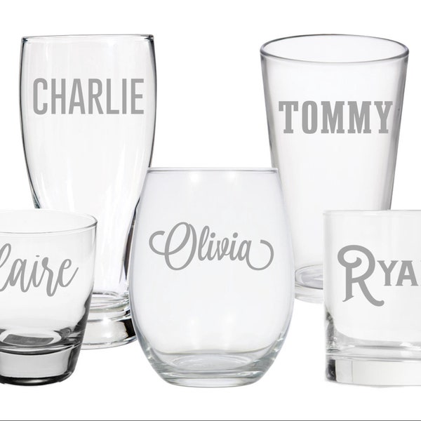 Etched Personalized Glass; Name Glass; Custom Cocktail Glass; Personalized Wine Glass; Pint; Pilsner; Beer Glass; Bridesmaid Groomsmen