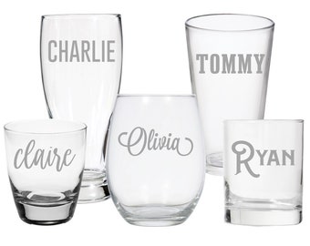 Etched Personalized Glass; Name Glass; Custom Cocktail Glass; Personalized Wine Glass; Pint; Pilsner; Beer Glass; Bridesmaid Groomsmen