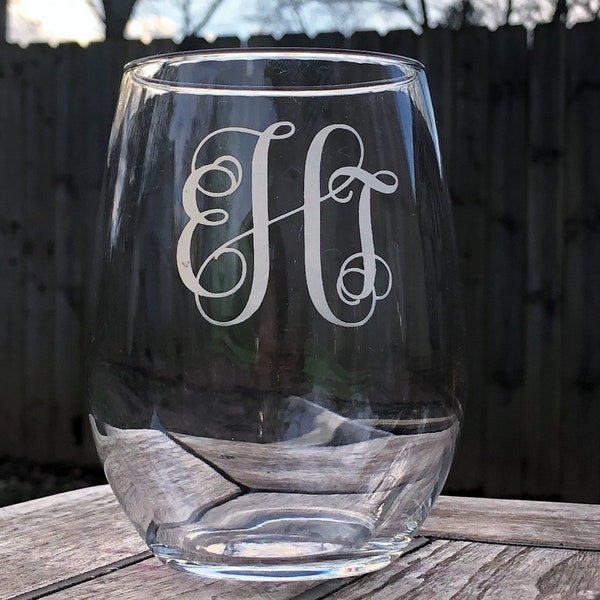 Etched Script Monogram Wine Glass; Stemless Personalized Gift, Custom Barware, Wedding Present, Bridesmaid, Holidays, Housewarming, Cursive