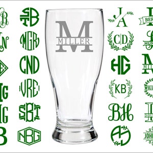 Etched Personalized PILSNER Beer Glass; Monogram Monogrammed Glass Custom Beer IPA Glass Last Name Glass Personalized Gift Groomsmen Initals