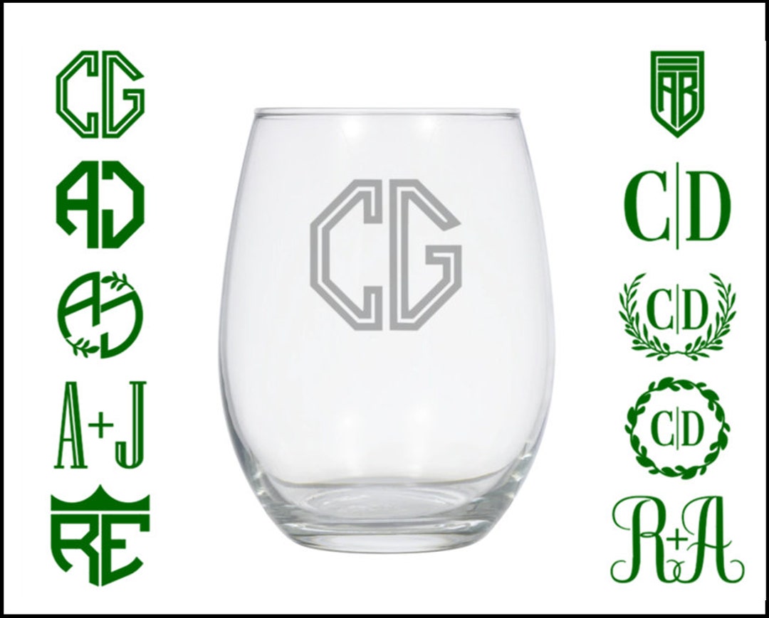 A Two Letter Etched Monogram Wine Glass. Personalized Gift. Custom
