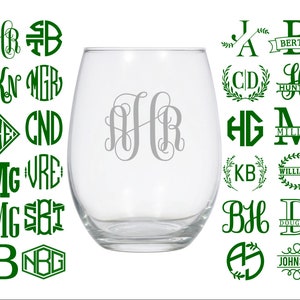 Circle Monogram Set of 4 Personalized Stemless Wine Glasses, 62088