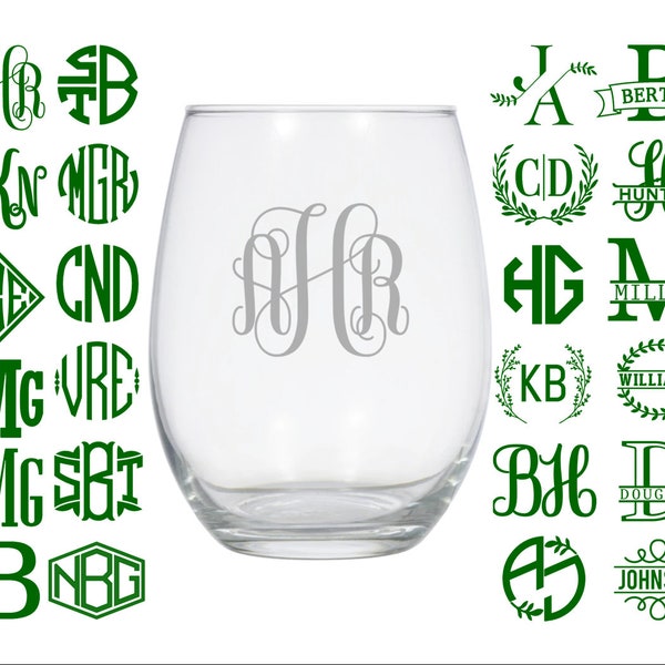 Etched Monogram WINE GLASS. Personalized Gift. Gift for Her. Wedding Present. Custom Wine Glass. Initials Bridesmaid Last Name Letters