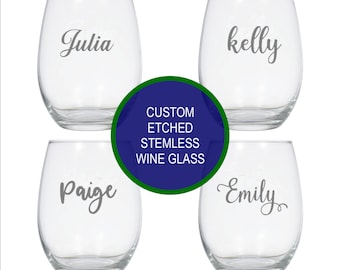 Custom Etched Name 21 oz Stemless Wine Glass. Personalized Gift Bridesmaid. Barware Monogram Wedding Present. Housewarming Birthday