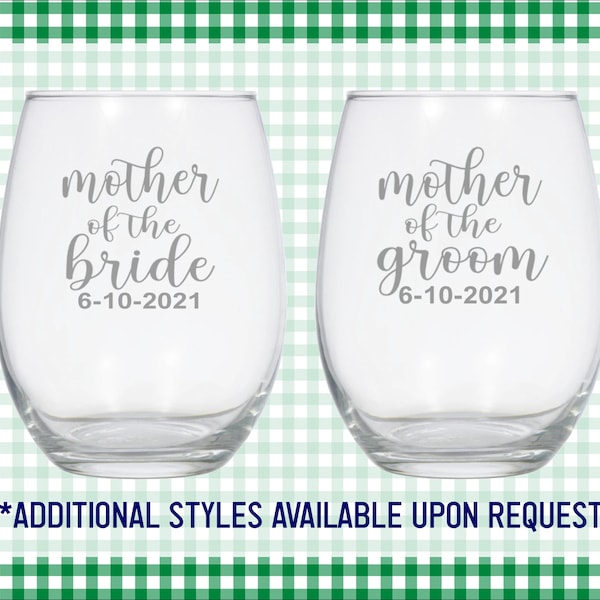 Mother of the Bride Glass Mother of the Groom Glass, Wedding Glass; Stemless Wine Glass; Mother of Wine Glass; Wedding Wine; Bridal Party