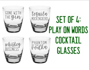 Set of 4 Entertainment Play on Words Cocktail Glass,  Etched Glass, Gift, Movie Literature, Drinkware, Barware Present Housewarming holiday