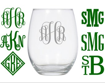 Etched Monogram Wine Glass, Personalized Gifts, Bridesmaid Gift,  Gift for Her , Custom Wine Glass , Monogrammed Glass, Stemless Wine Glass