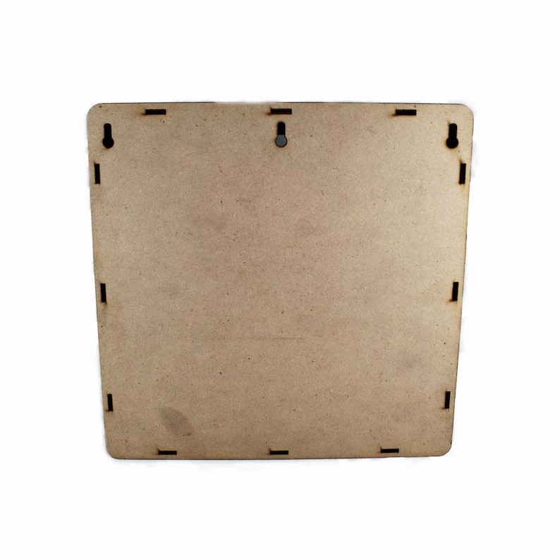 May include: A square, unfinished wooden panel with a light brown color. The panel has several small rectangular slots cut into the sides and two circular holes near the top for hanging. The edges are slightly rounded.