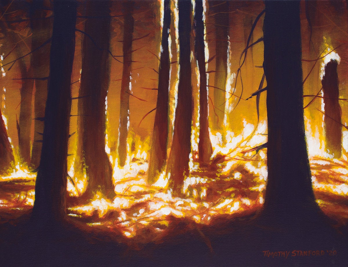 Forest Fire Print of Original Painting, Realistic Summer Landscape