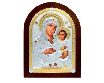 Icône orthodoxe de la Vierge Marie de Jérusalem faite d’argent - Petite, Mini Icône Bénie dans l’église du Saint-Sépulcre Jérusalem